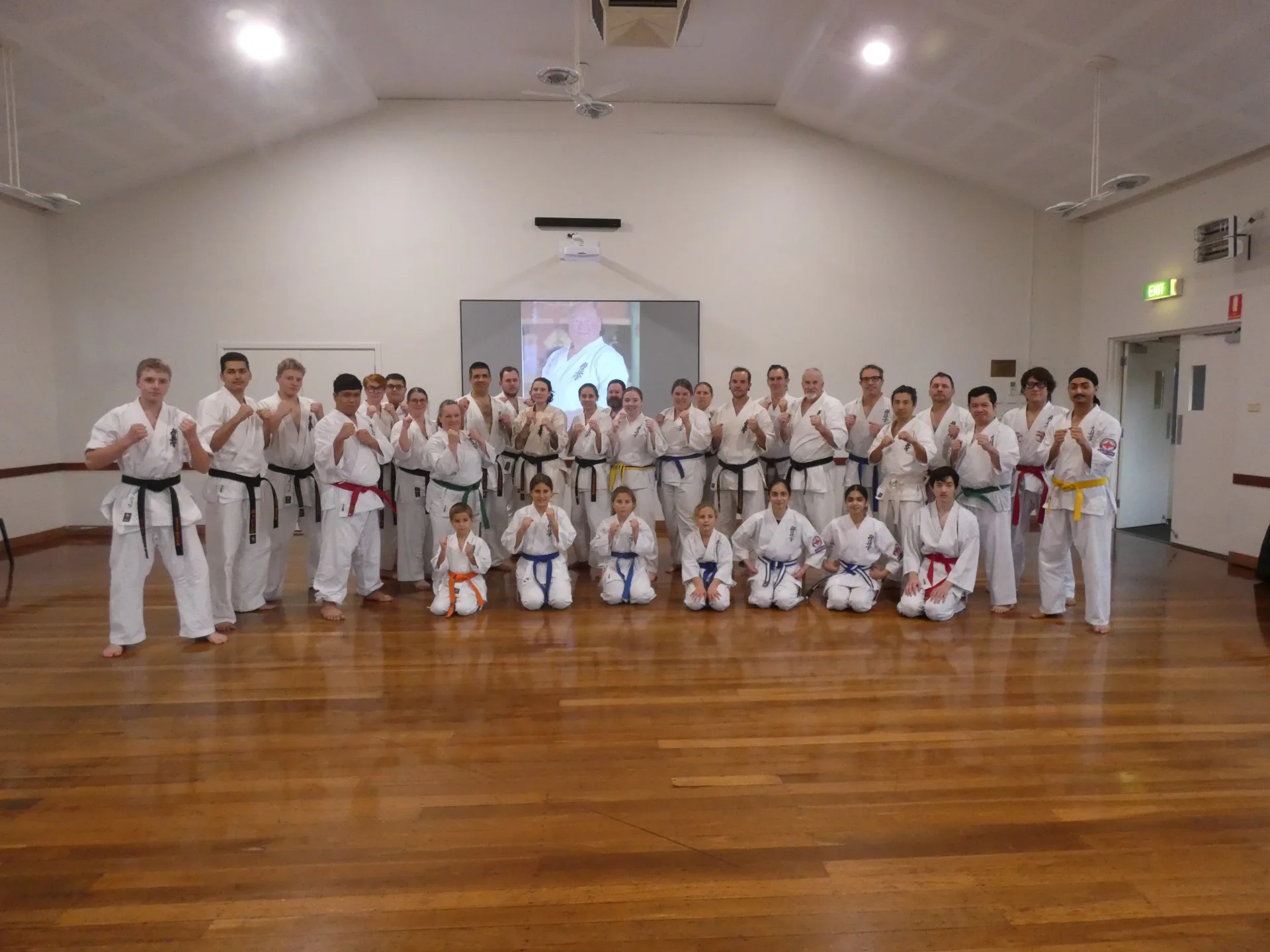 All 34 participants, including 13 black belts, at the Brighton Karate Fighting Seminar